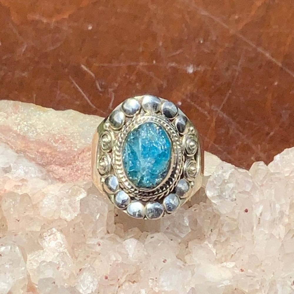 ROUGH NEON BLUE APATE 925 STERLING SILVER RING, SIZE 6.25